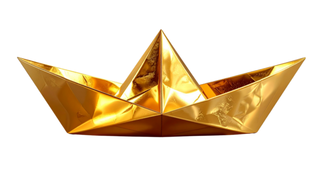 Realistic gold metal paper boat with shiny reflective finish, isolated on transparent background, PNG format.
