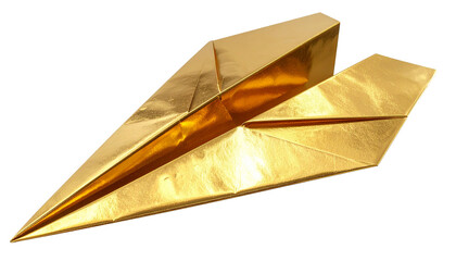 gold metal paper plane, isolated on transparent background, PNG format.
