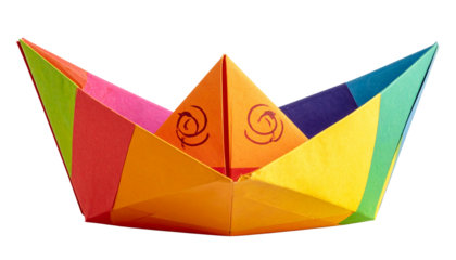 Realistic clorfulll paper boat with shiny reflective finish, isolated on transparent background, PNG format.