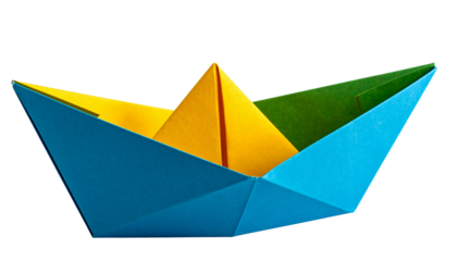 colorful metal paper boat, isolated on transparent background, PNG format.
