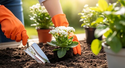 Fototapeta premium Hands Planting a Pansy Seedling in the Garden Bed