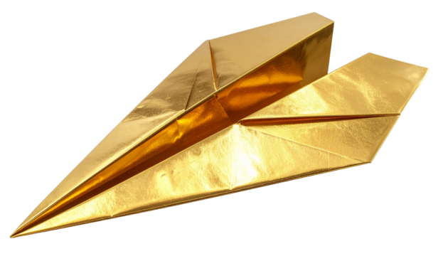  gold metal paper plane, isolated on transparent background, PNG format.
