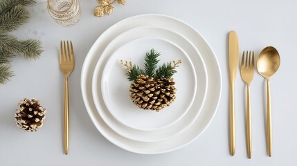 Elegant Christmas Table Setting with Golden Pinecones