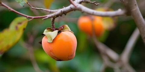 A beautiful close-up of a ripe persimmon fruit growing on a tree branch, ready to be harvested.