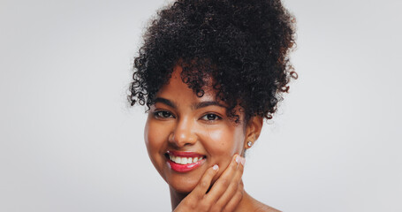 Happy, beauty and portrait of black woman in studio for dermatology, wellness and skin glow....