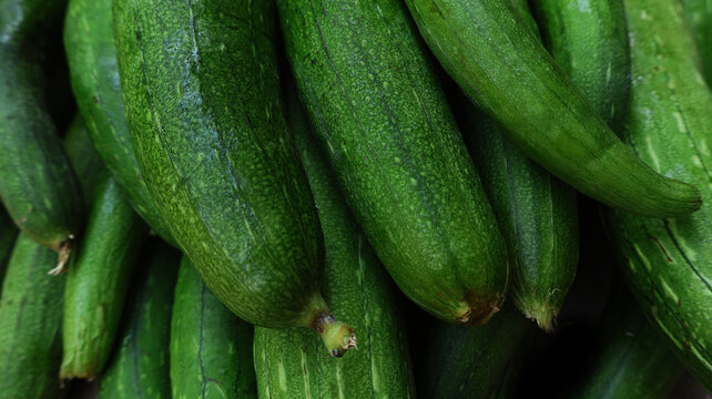 Fresh organic ridge gourd (tori) with natural green skin,  close up shot showing texture and freshness, healthy seasonal vegetable rich in nutrients, perfect for food, agriculture and market concept