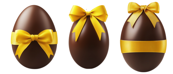 Glossy chocolate Easter egg tied with yellow ribbon in bow, isolated on white transparent background.