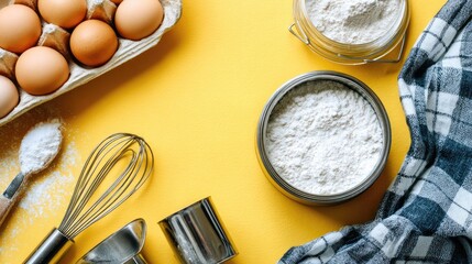 Baking ingredients arranged on a yellow background