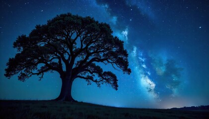 Silhouette of a majestic oak tree against a starlit night sky, branches reaching towards the heavens  Perfect for dark nature, fantasy, or mystical themes  ,  serene,  elegant
