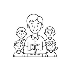 Teacher with children reading a book isolated on white background