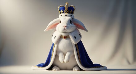 A regal white rabbit figurine wearing a crown and royal blue cloak.
