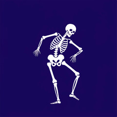 A white skeleton figure is dancing with arms and legs outstretched on a dark blue background