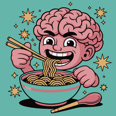 Cute brain head character with glasses eating ramen noodles cartoon vector illustration