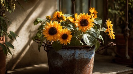 A close-up shot of a pot of sunflowers sitting on a windowsill, bathed in sunlight.