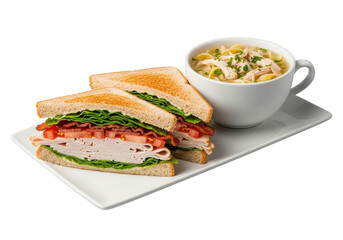 Photorealistic classic Turkey Club sandwich with crispy bacon and steaming chicken noodle soup on a white plate, isolated on a transparent background, concept of appetizing food