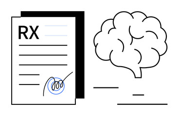 Prescription paper with signature next to brain outline. Ideal for mental health, medicine, healthcare, neurology, therapy, diagnostics, wellness, simple landing page