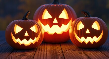 Spooky glowing jack-o'-lanterns illuminate a rustic wooden surface for Halloween night