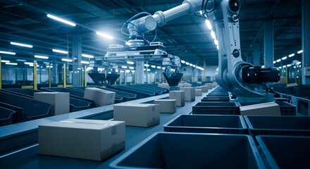 Automated warehouse robot efficiently sorts packages on a conveyor belt, showcasing modern logistics and supply chain technology.