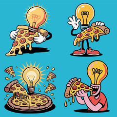 Funny light bulb cartoon characters eating pizza vector illustration set