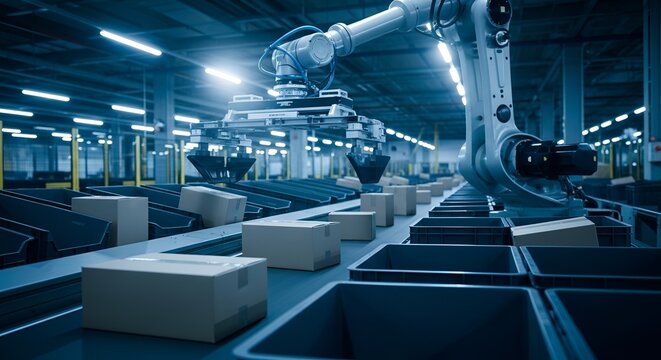 Automated warehouse robot efficiently sorts packages on a conveyor belt, showcasing modern logistics and supply chain technology.