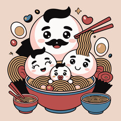 Cute Happy Family Inside Ramen Bowl Vector – Kawaii Noodle Cartoon Illustration