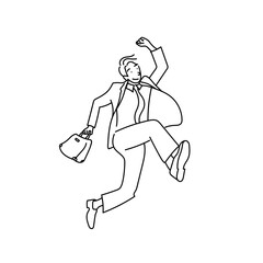 スーツ姿のビジネスマンが鞄を手に持ちジャンプする線画ベクターイラスト｜成功や達成を象徴するシンプルな白黒の人物素材
