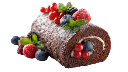 Chocolate Yule Log Cake with Berries and Sugar Dusting on Transparent Background