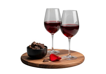 Two elegant stemmed wine glasses with ruby wine, dark chocolate bowl, and a red rose petal on a walnut board against a transparent studio background. Concept of quiet indulgence and luxury