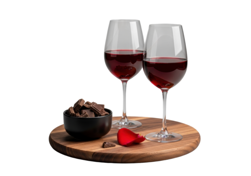 Two elegant stemmed wine glasses with ruby wine, dark chocolate bowl, and a red rose petal on a walnut board against a transparent studio background. Concept of quiet indulgence and luxury