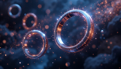 Abstract rings floating in space with glowing particles and a dark background
