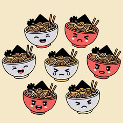 Cute Ramen Bowls with Different Expressions Vector Set