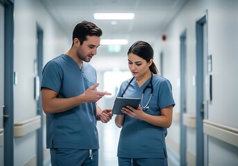 Medical Professionals Collaborating Over Tablet in Bright Hospital Corridor