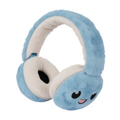 Adorable blue fluffy earmuffs with cute smiling face design perfect for keeping little ears warm and stylish during winter adventures and outdoor play