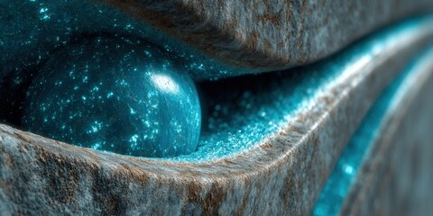 Mysterious blue orb with a bright, inner glow, set in a textured, rocky surrounding.