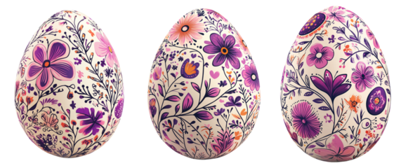Hand-painted Easter egg with a floral pattern in vibrant colors isolated on transparent white background