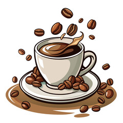 The Essence of Coffee  illustration vector : A refreshing splash of rich, aromatic coffee overflows from a pristine white cup, encircled by scattered, freshly roasted beans and a delicate saucer.