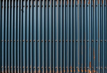 Vertical ribbed metal fence panels, textured paint, industrial backdrop, weathered, panel