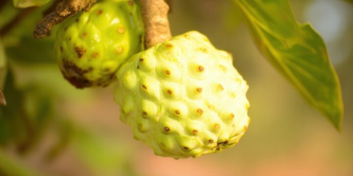 Fresh noni fruits hanging from a tree branch, a symbol of tropical abundance.