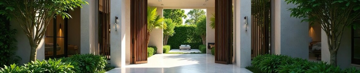 Elegant modern gates leading to a serene interior courtyard, lush greenery visible beyond Perfect for architectural, design, and real estate marketing , relaxing, calm