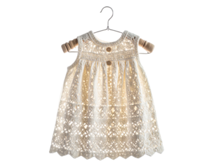 Baby Crochet Dress Hanging on Invisible Hanger, Angled Side View, Isolated Transparent Background PNG