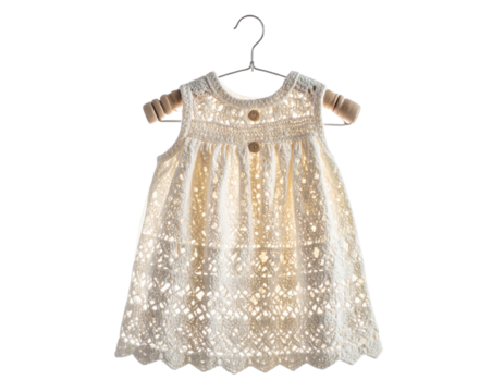 Baby Crochet Dress Hanging on Invisible Hanger, Angled Side View, Isolated Transparent Background PNG