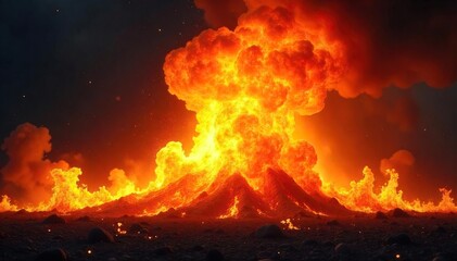 Fiery explosion, intense burst of flames engulfing dark background Dramatic, vibrant orange and yellow hues Perfect for fire, energy, power, and destruction themes , yellow, explosion, energy