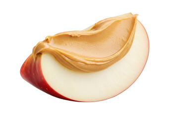 A macro, photorealistic shot of a crisp apple slice with red skin and white flesh, topped with creamy peanut butter, on a clean transparent background, concept of fresh and healthy eating