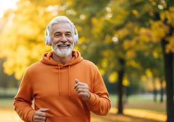 Smiling Senior Man Jogging in Autumn Park with Headphones and Orange Hoodie