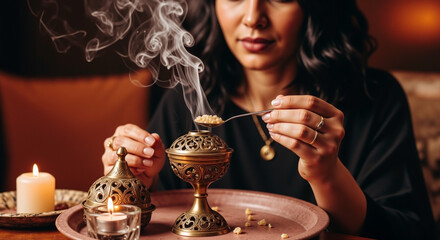 Woman holding a spoon with small particles over an incense burner, releasing smoke. Aromatic resin for spiritual practices and home fragrance.