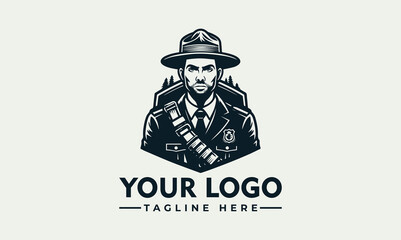 A monochrome logo featuring a stern man in a hat and uniform, with a forest backdrop.