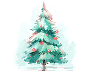 Fototapeta premium Minimalist watercolor Christmas tree with green brush strokes, isolated on white background with bright red and yellow accents, high resolution holiday element