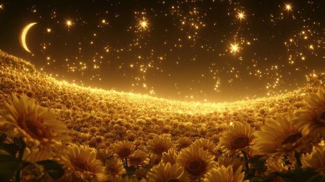 Golden sunflower field at night, moon and stars
