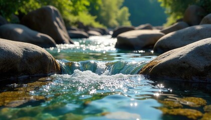 Serene Freshwater Stream Sunlight Dapples Crystal-Clear Water Flowing Over Smooth Rocks in a Tranquil Natural Scene, Ideal for Travel and Nature Photography