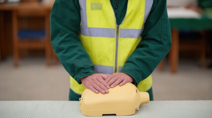 A first aid teacher in high visibility vest with hands on AED (Automated External Defibrillator) mannequin doll. An emergency service worker performs cardiopulmonary resuscitation training